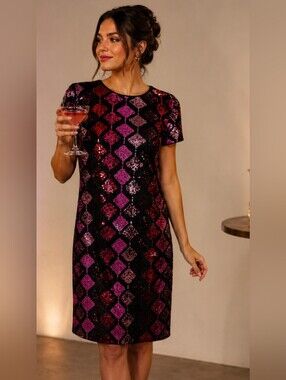 London Times Sequin Shift Dress Cocktail Party Holiday Glam Wedding Sparkle